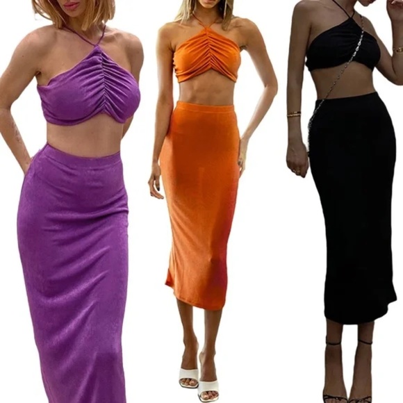Selena Two-Piece Set | Ruched Halter Crop Top & Midi Skirt Black - Picture 5 of 5
